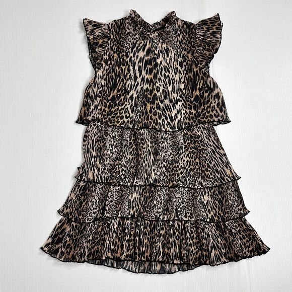 AllSaints Antheia Kiku Plissé Leopard Print Dress US10 Tiered Ruffle Rocker Chic - Picture 2 of 14